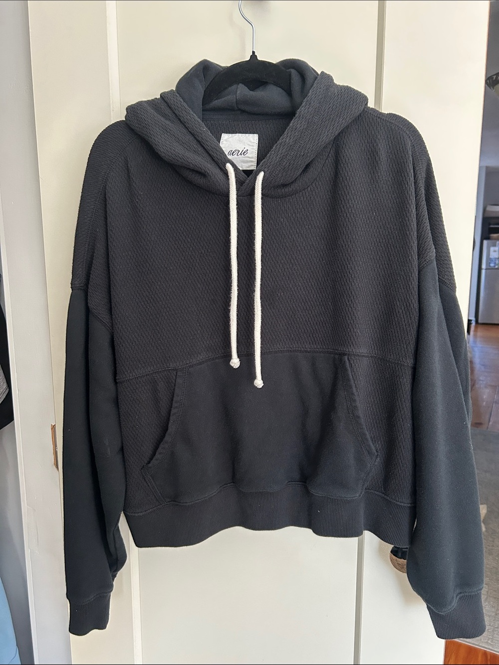 aerie Black Hooded Waffle-Knit Pullover Sweater